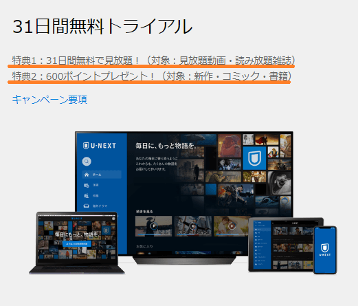 Unext31日無料トライアル無料特典
